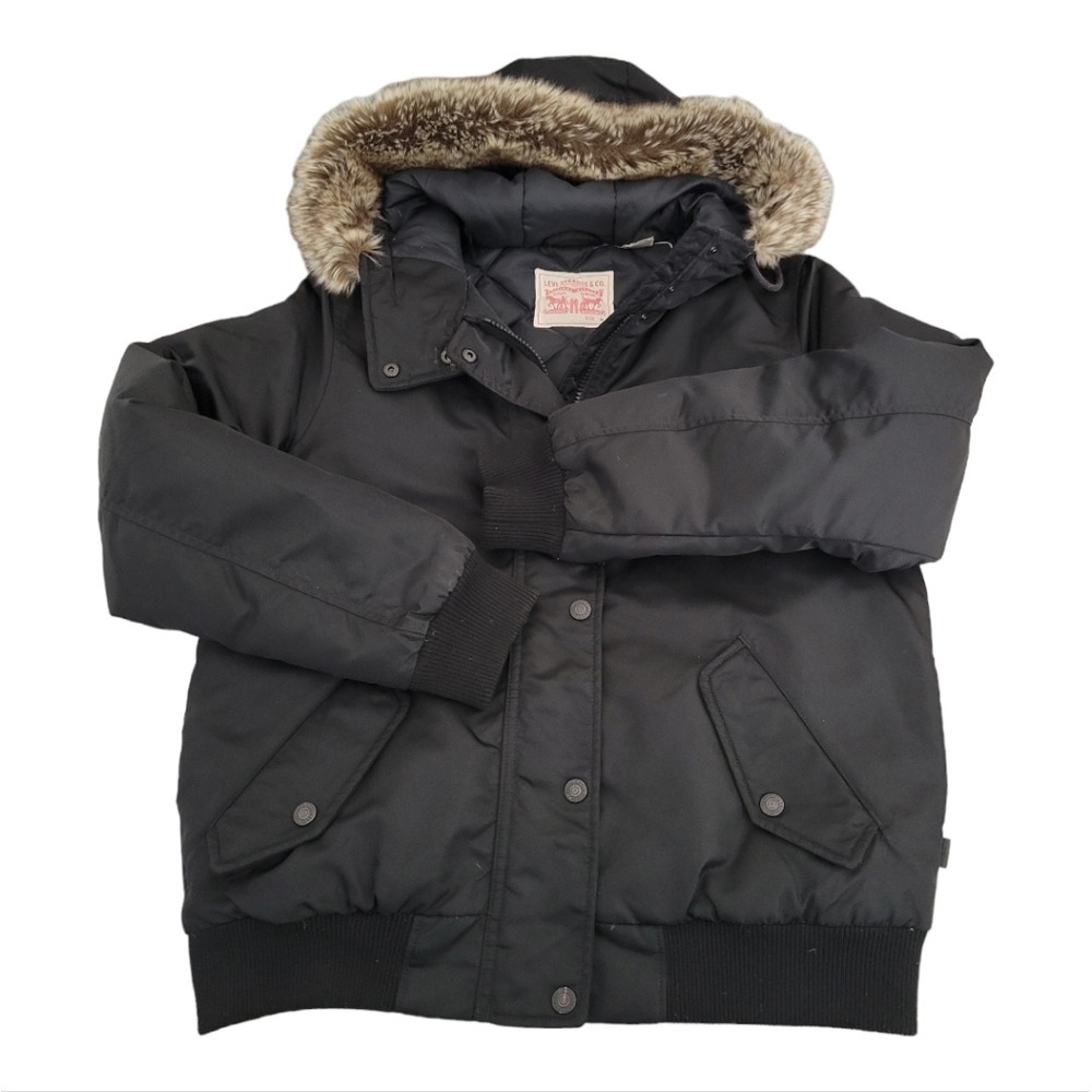 Levi's Womens Down Puffer Jacket Medium Snow Winter Ski Hood Faux Fur - Picture 4 of 16